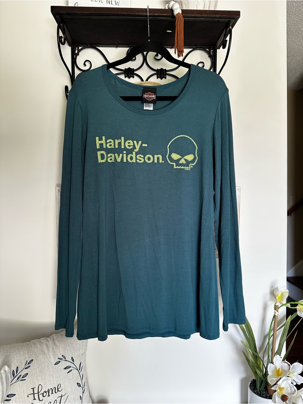 Harley-Davidson Teal Long Sleeve Tee with Lime Skull Graphic rhinestones